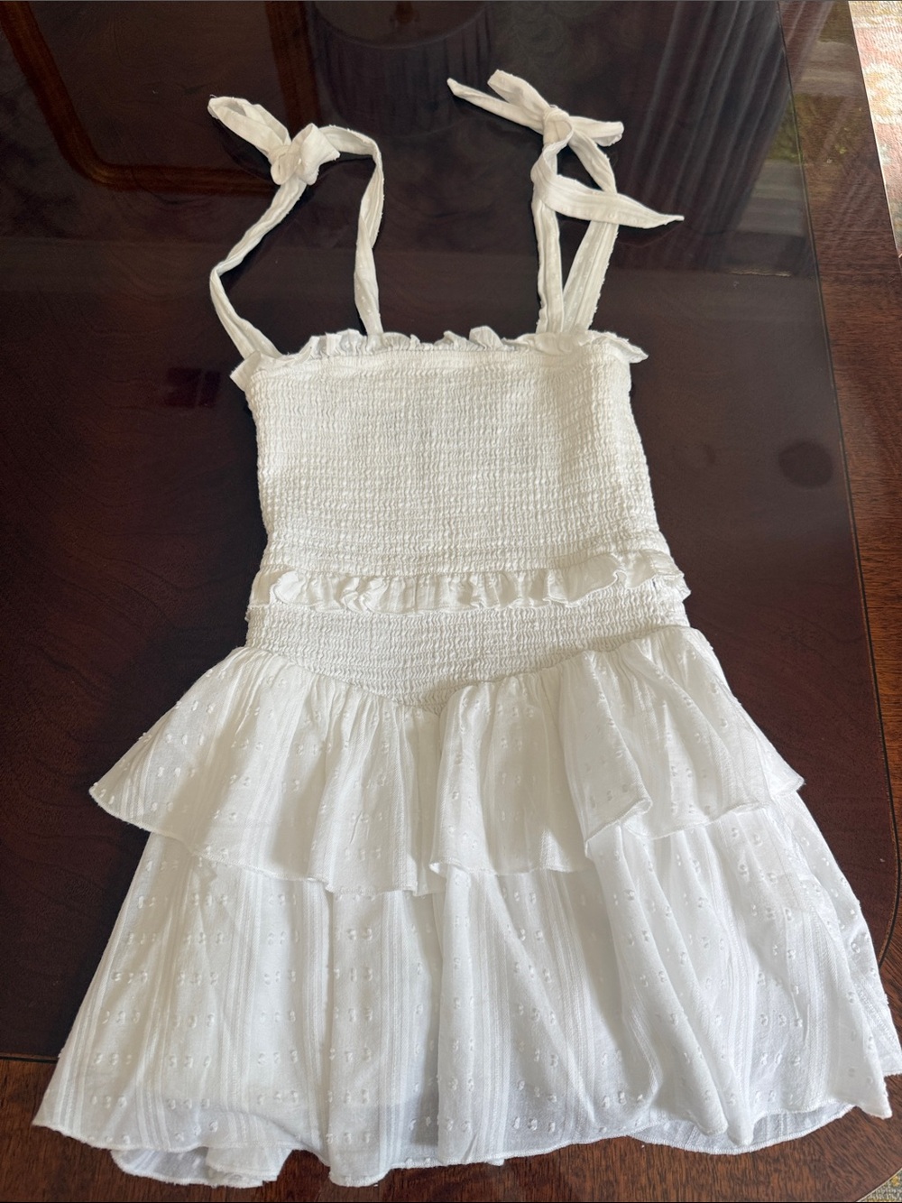 Katie J NYC White Smocked Eyelet Sundress with Ruffle Neckline